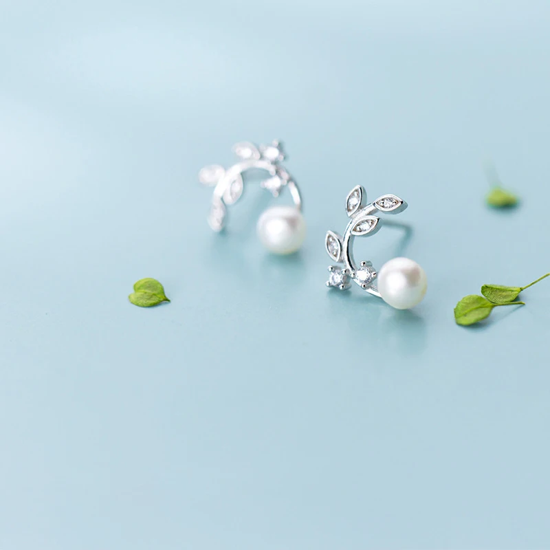 Pendiente Modian de hojas de olivo para mujer, moda de Plata de Ley 925, elegante Pin de oreja de perla, accesorios de joyería fina