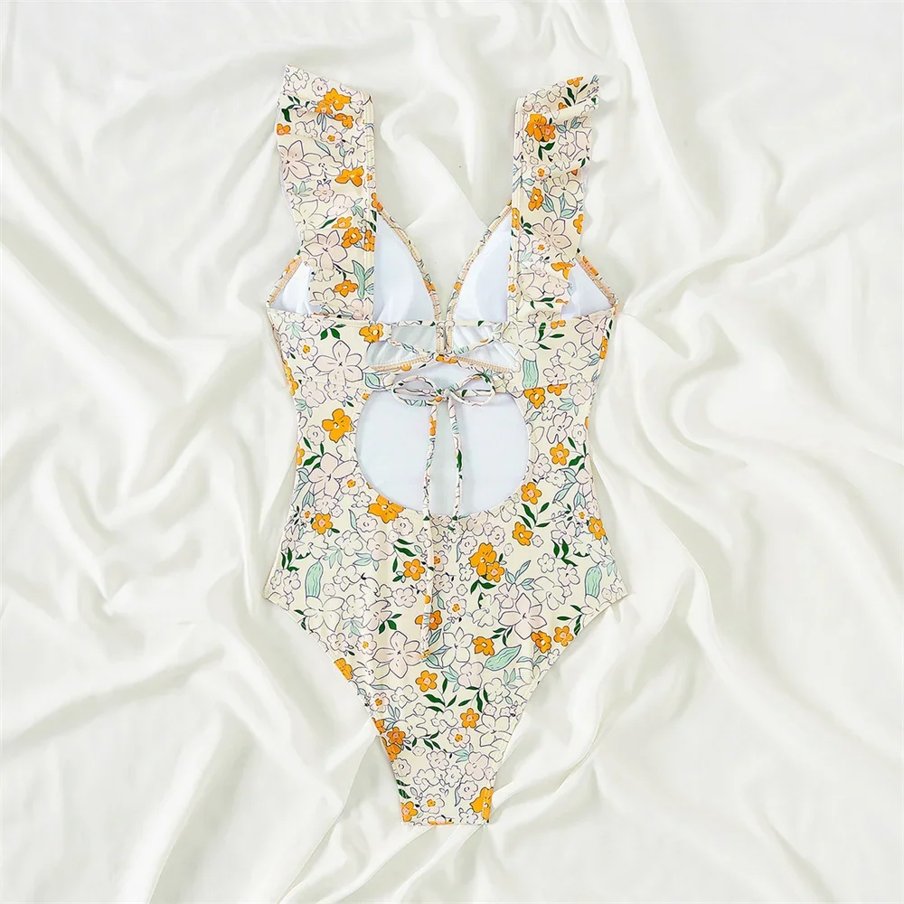 Chic Floral Bikini Ruffles Swimsuit High Waist Pleated Drawstring Hollow Out Vacation Swimwear Women Monokini Beach Bathing Suit
