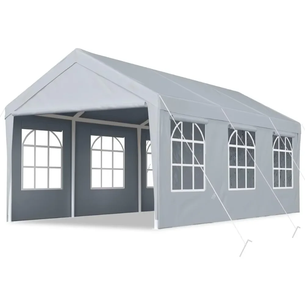 10x20 ft Heavy Duty Carport Car Canopy Garage Outdoor Boat Shelter Party Tent with Sidewalls and Rollable Windows -Grey