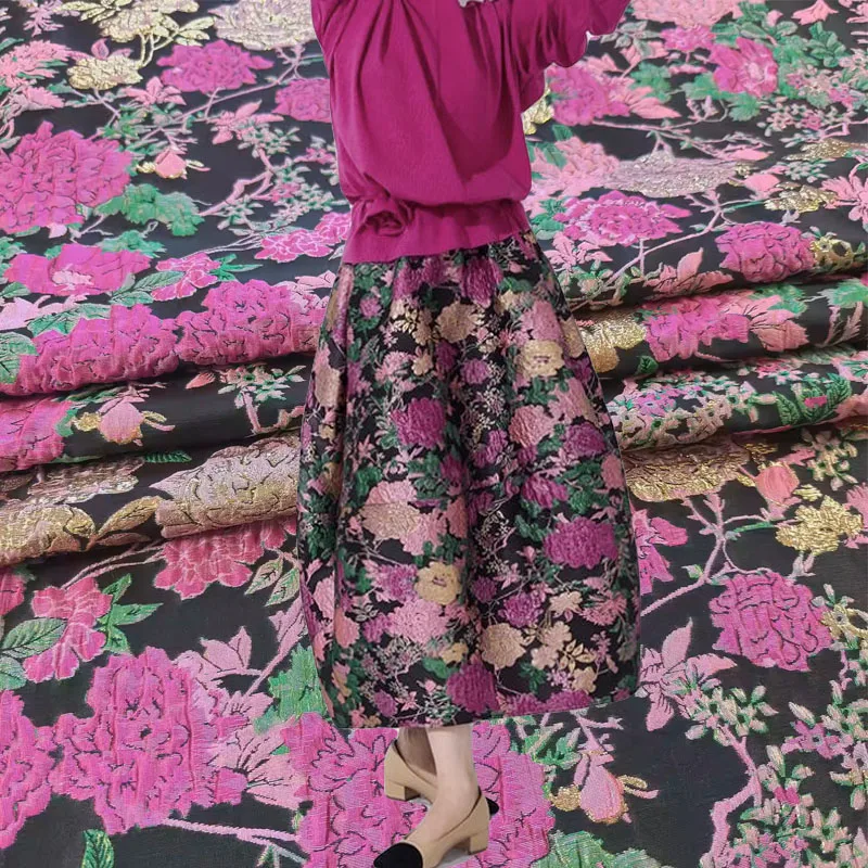 

Gold Wire Rose Green Leaf Jacquard For Woman's Skirt Fabric Windbreaker Coat Weaving Brocade Dress DIY Cloth Sewing Material