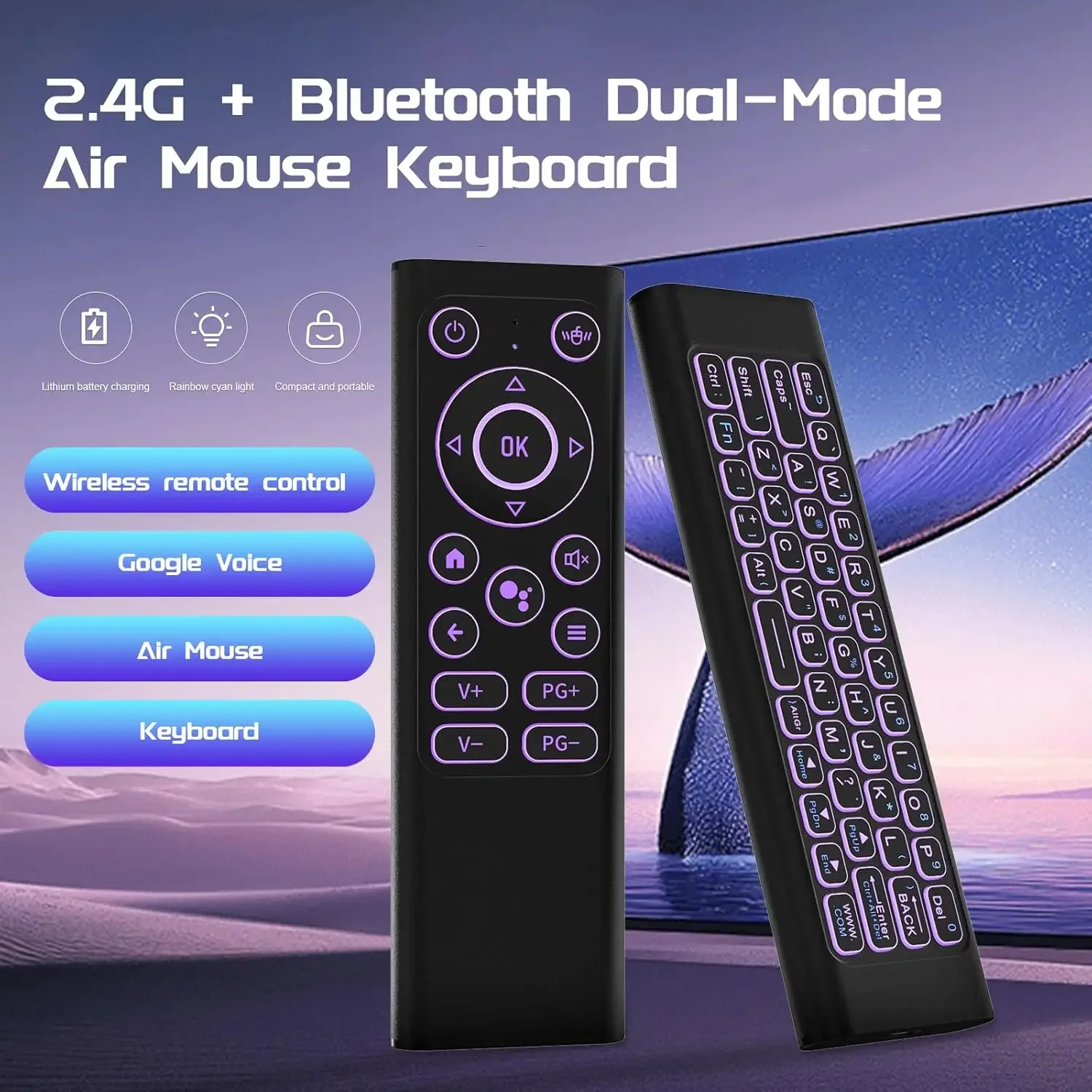 Mini clavier sans fil Air Mouse à distance : mode Bluetooth et 2.4G, rétroéclairé, alliage d'aluminium rechargeable pour PC/ordinateur portable/Android TV Box