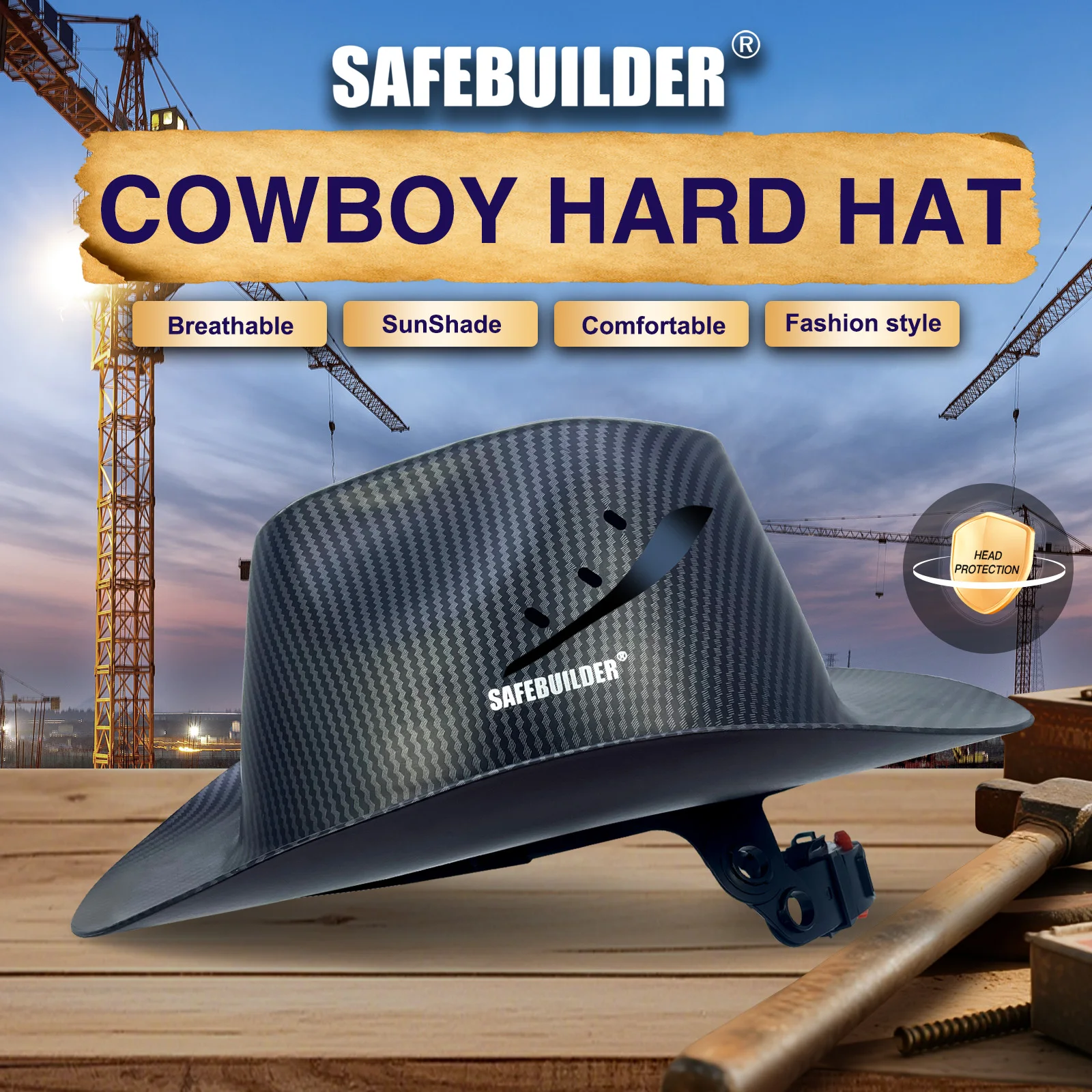 Capacete de segurança de cowboy ANSI Z89.1 Classe C com ventilação e aba completa para uso industrial de construção ao ar livre