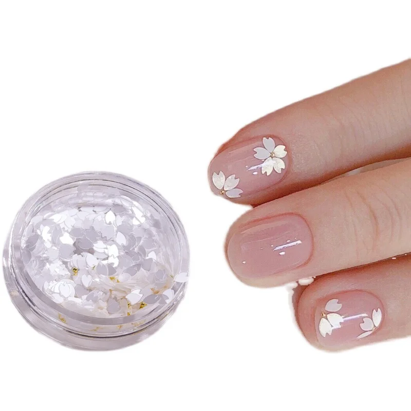 2023 New Japanese Sle Nail Art Sakura Petal Glitter Bead White Five Petal Flower Nail Patch Decorations Diamond Nail Tips