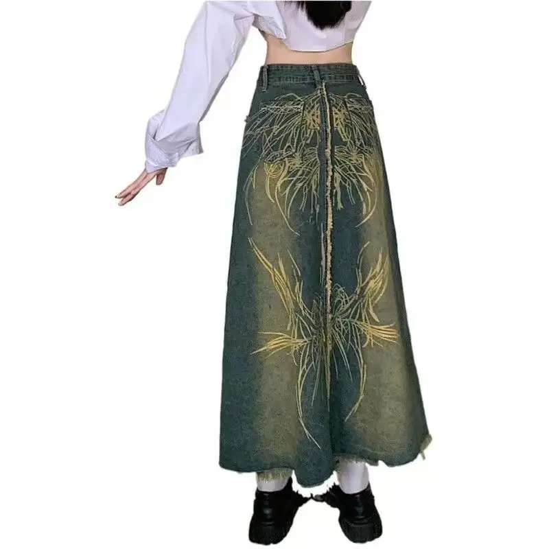 미국식 루즈 워시드 디스트레스드 로우 엣지 데님 스커트 여성용 디자인 프린트 비즈 장식 A라인 힙 미디 스커트