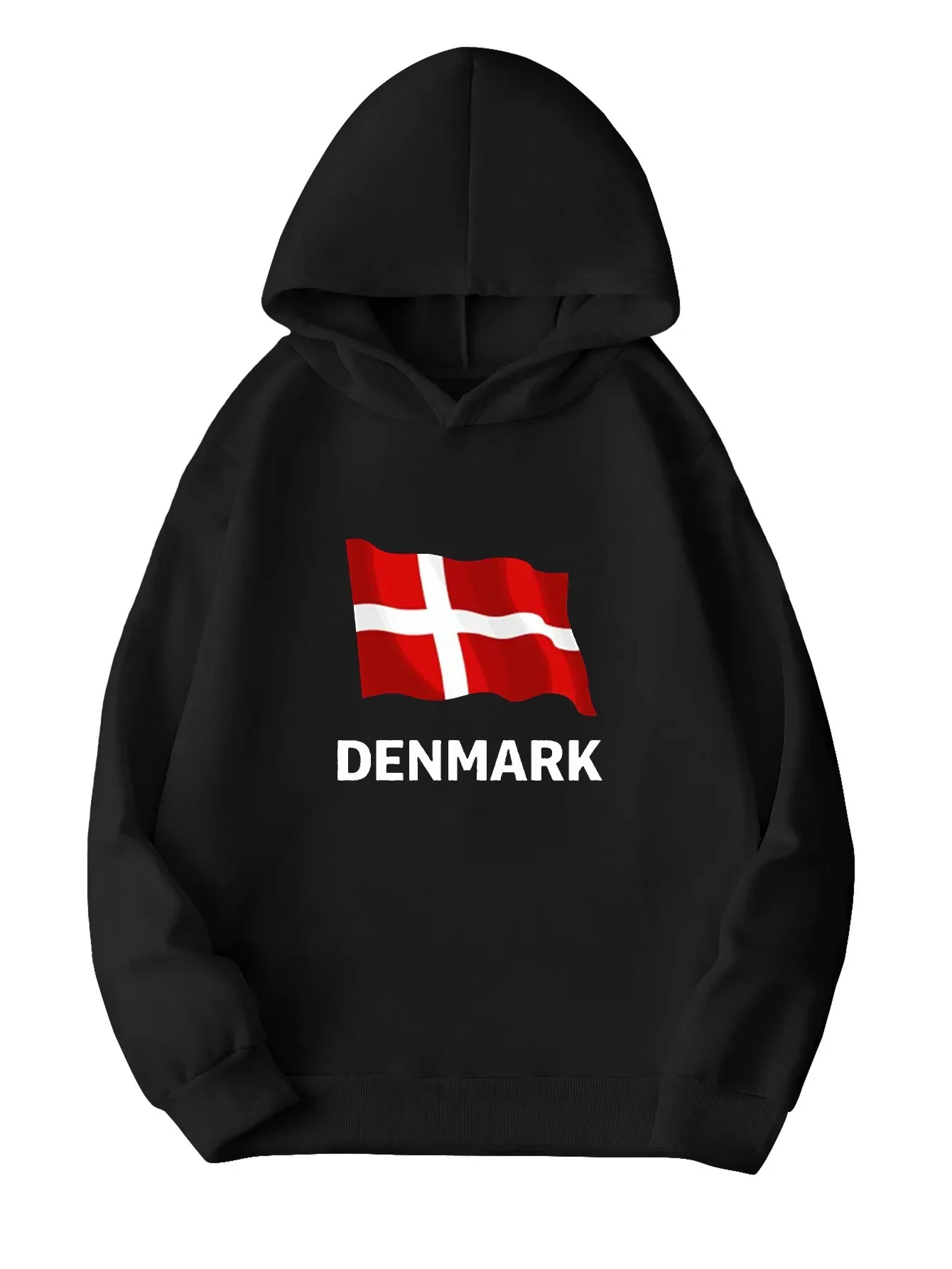 Boys' Danish Flag Hoodie Sweater - Deep Green with Bold DENMARK Text, Hooded Pullover for Teens