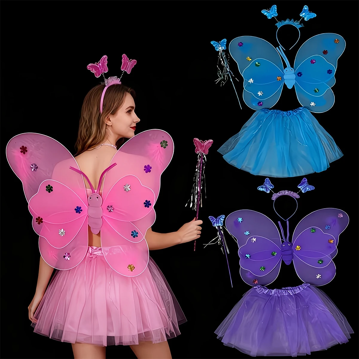 1Set Fairy Cosplay Costume Fairy Wing Gauze Skirt Magic Wand Hairband for Cosplay Party Stage Performance Photo Shoots