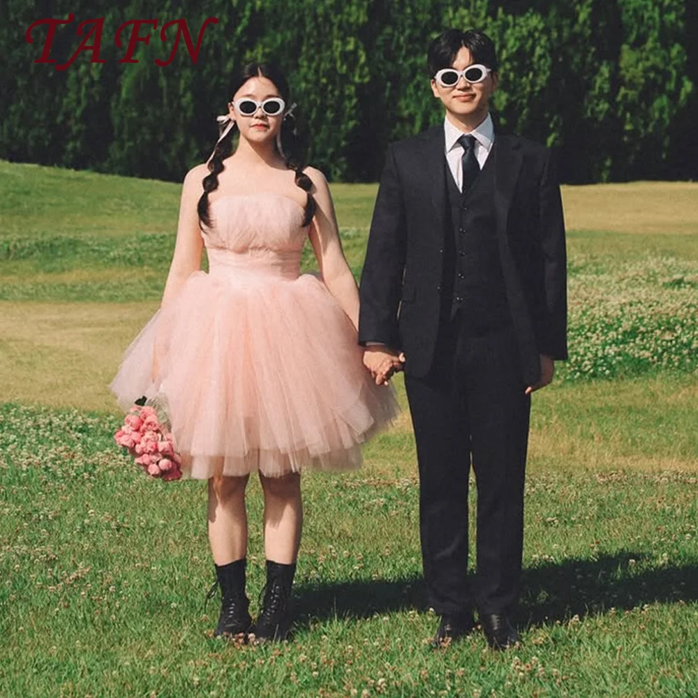 

Tafn Fairy Pink Short Prom Cockatil Dress Strapless Puffy A Line Mini Wedding Party Gown Customized Lace-up Korea Snapshots