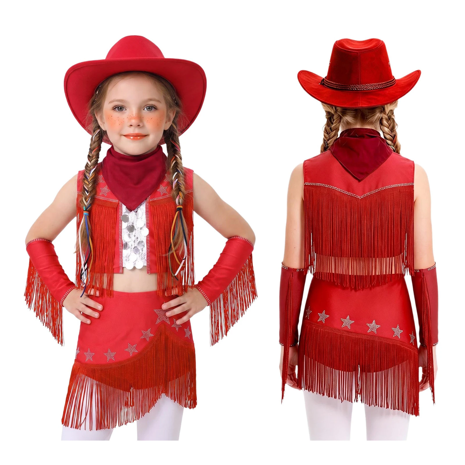Children Girls Western Cowgirl Jazz Dance Costume Tassel Crop Tops with Skirt Gloves Hat Kerchief for Halloween Carnival Party