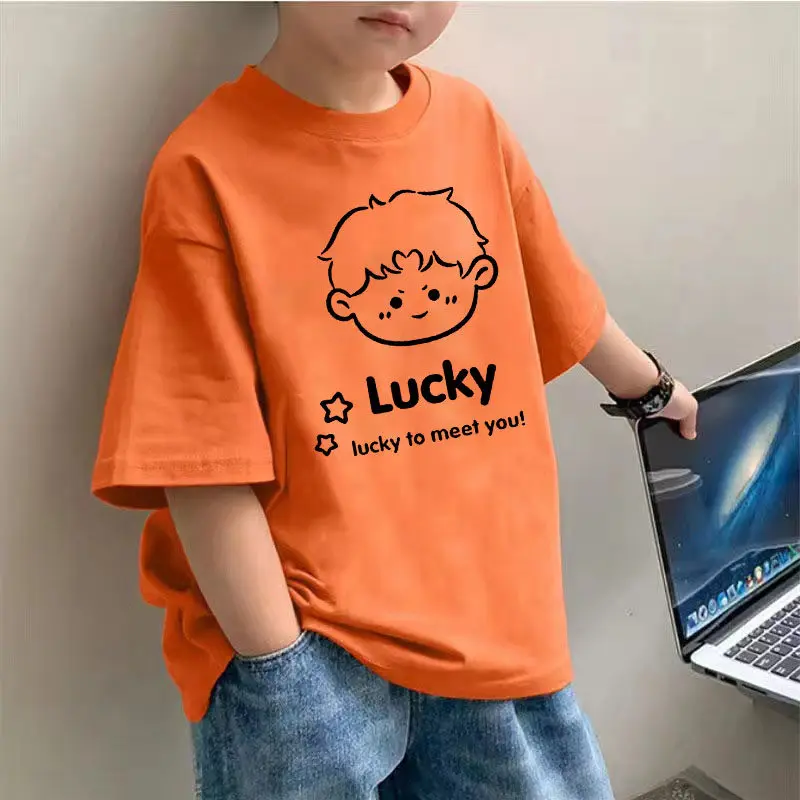 Lucky Printed Summer Children's Pure Cotton Short Sleeve Loose Half Sleeve Family Fashion Versatile T-shirt