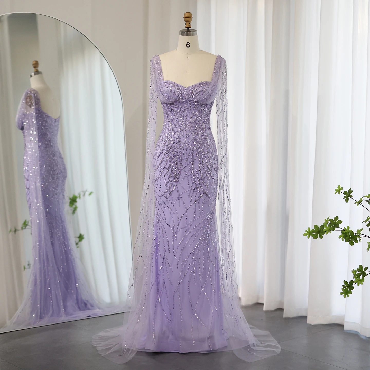 

Sharon Said Lilac Mermaid Luxury Dubai Evening Dress with Cape Sleeves Arabic Women Wedding Formal Party Gowns SS237 Customized