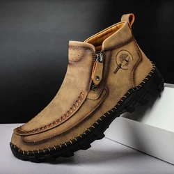 Handmade Casual Men Boots Split Leather Boots Keep Warm Winter Shoes Man Fashion Zipper Ankle Boots With Fur Plus Size 38-48