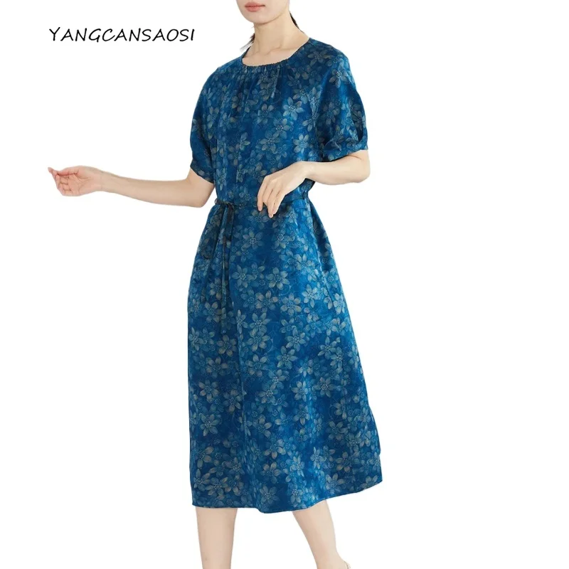 

2025 Women's Fashion Early Autumn New 100% Natural Mulberry Silk Gambiered Guangdong Gauze Blue Bottom Jacquard Round Neck Dress