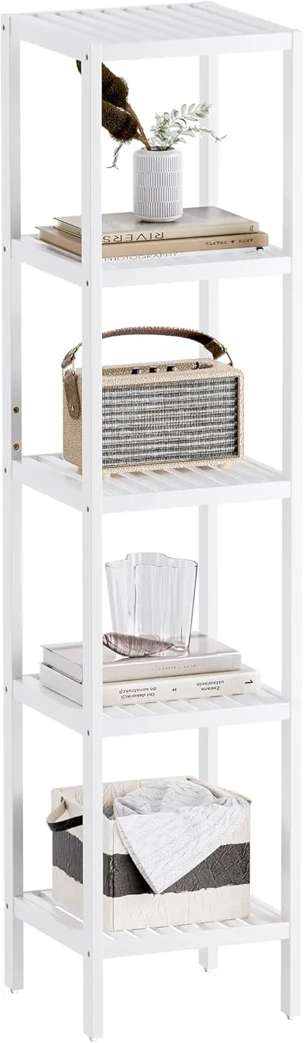 

Bathroom Storage Shelf, 5-Tier Bamboo Rack Organizer, Multifunctional Shelving Unit for Living Room Bedroom Kitchen (White)