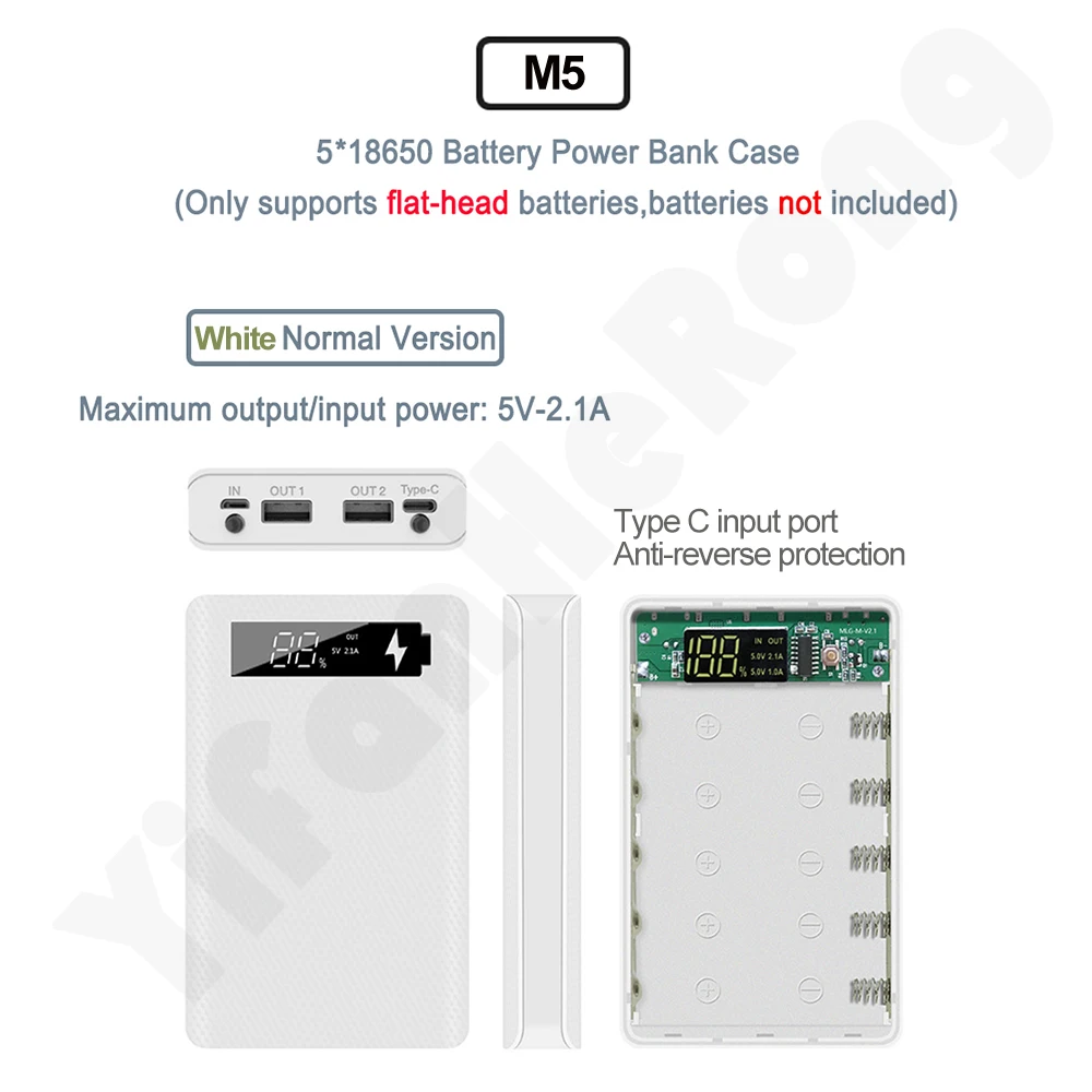 Etui na powerbank DIY wyjmowany 5*18650 pojemnik do ładowania baterii USB C szybkie bezprzewodowe ładowanie 18650 pojemnik na baterie