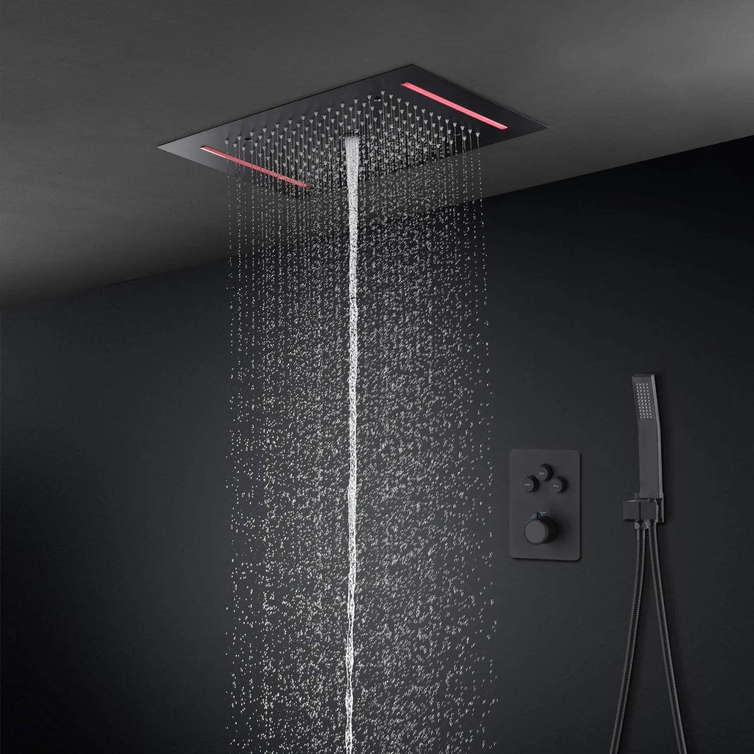 360x500mm Square Shower Head LED Rian Column Ceiling  Recessed Shower Bathroom 3 Functions mixer set