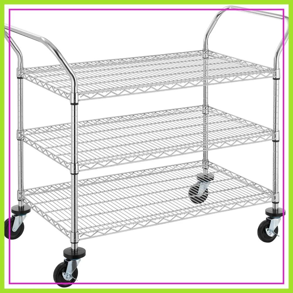 

Commercial Grade Rolling Cart, 600 lbs Capacity, 24"D x 40"W, Heavy Duty Utility Cart with Wheels and Handles, Metal Kitchen Cart, 3-Tier