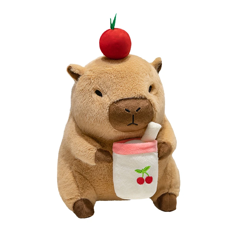 Capivara com frutas boba chá plushie recheado capibaras animais brinquedo tendo maçã uva suco de laranja bebida brinquedos para fãs do miúdo presente