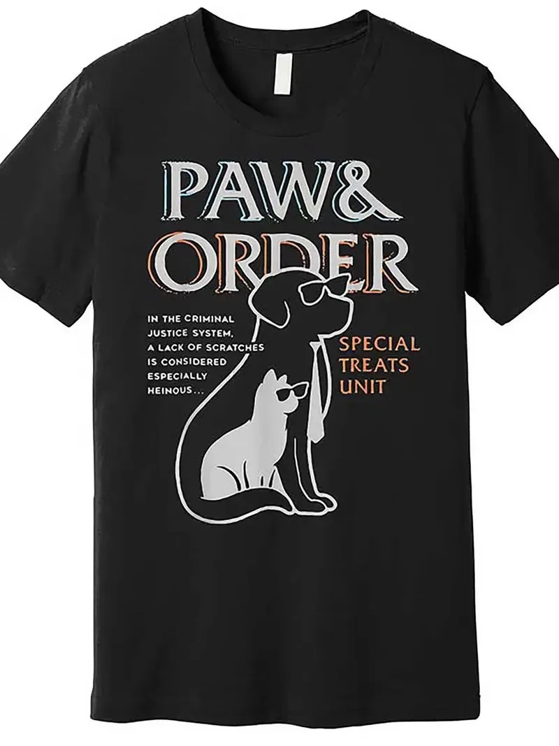 

Paw & Order Graphic T-Shirt - Funny Men’s Short Sleeve Cotton Tee with Dog and C