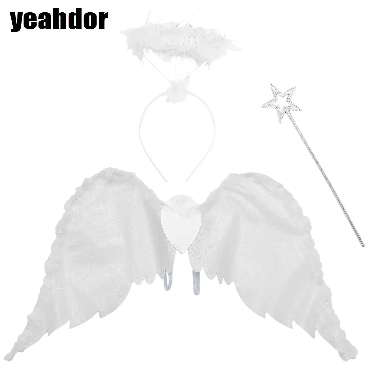

Angel Elastic Strap Feather Wings with Fairy Stick And Headband Sets Costume Accessory Festival Supply for Party Cosplay