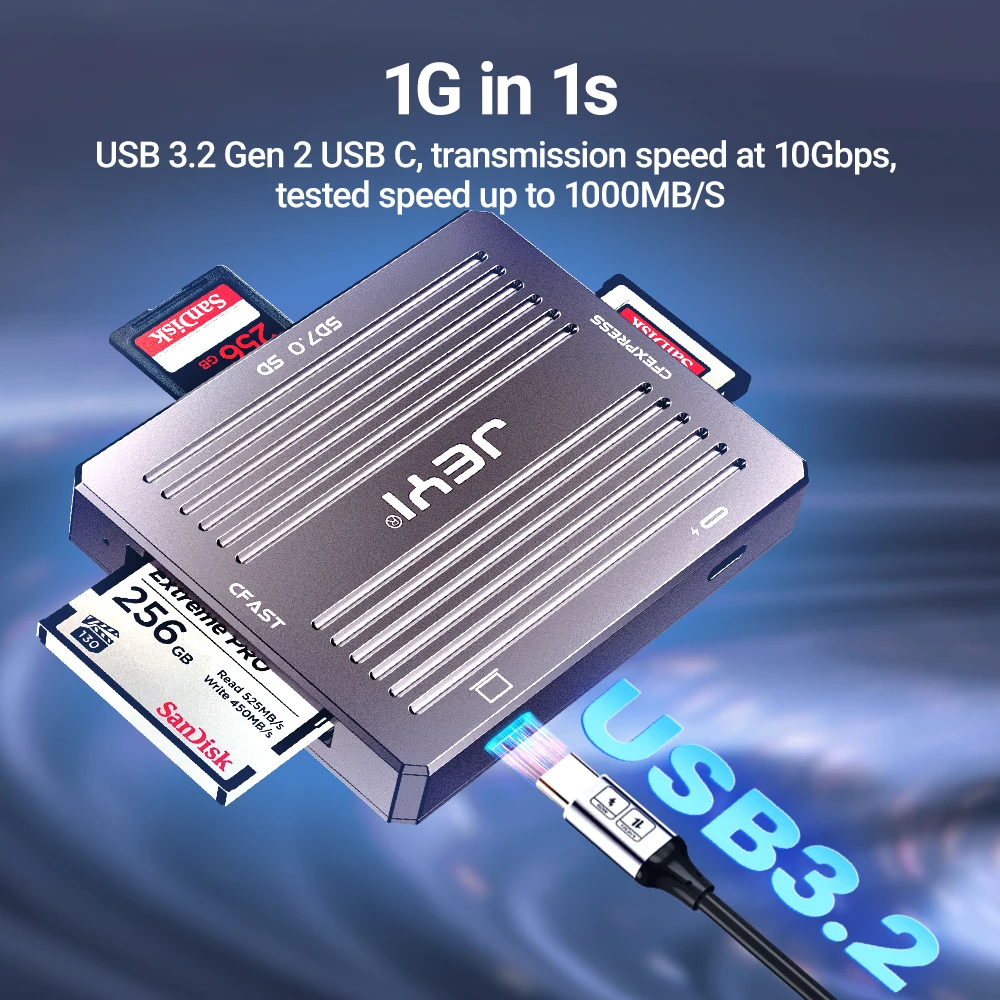 JEYI USB3.2 10Gbps SD/CFast/CFE 3 in 1 Card Reader, Read CFexpress Type B Card / CFast Card and SD 7 / SD Card Simultaneously