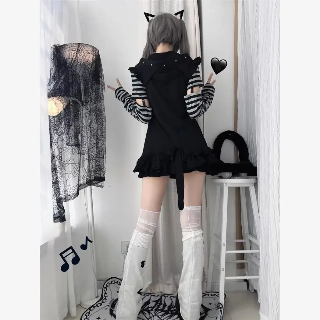 Ruibbit New Arrival Spicy Girl Striped Patchwork Sleeve Top Cat Ear Hooded Sleeveless Jacket Two-piece Set Y2k Sweatshirt Hoodie