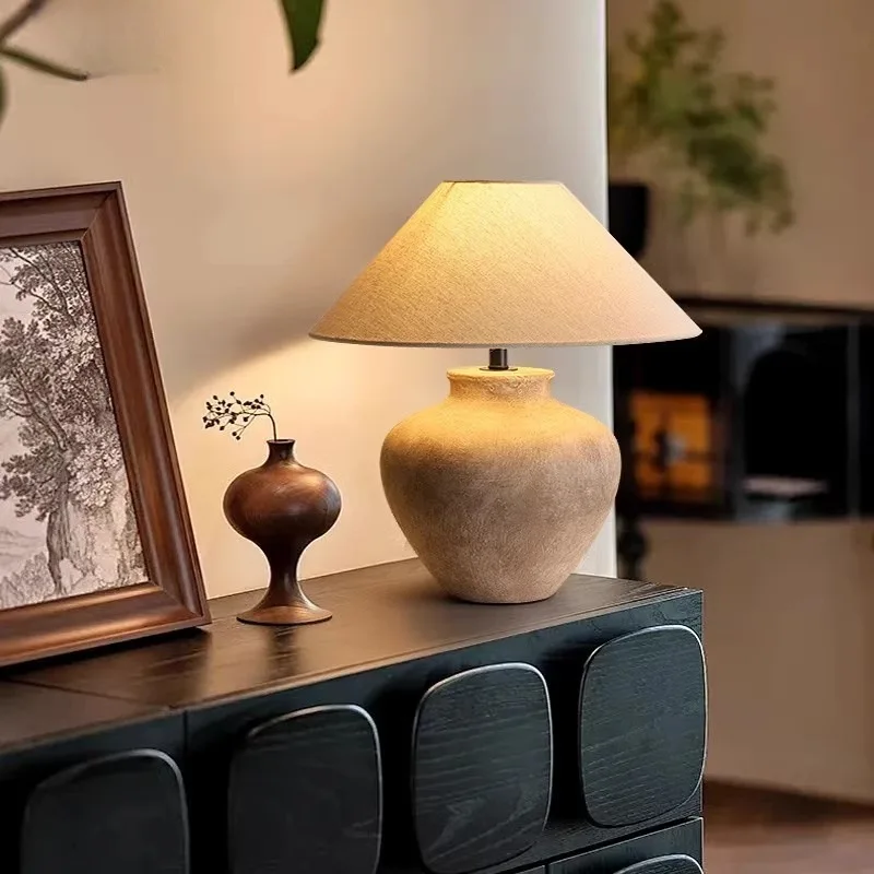For Handmade Wabi-Sabi Ceramic Lamp, Rustic Pottery Nightstand Light for Living Room, Zen Home Decor