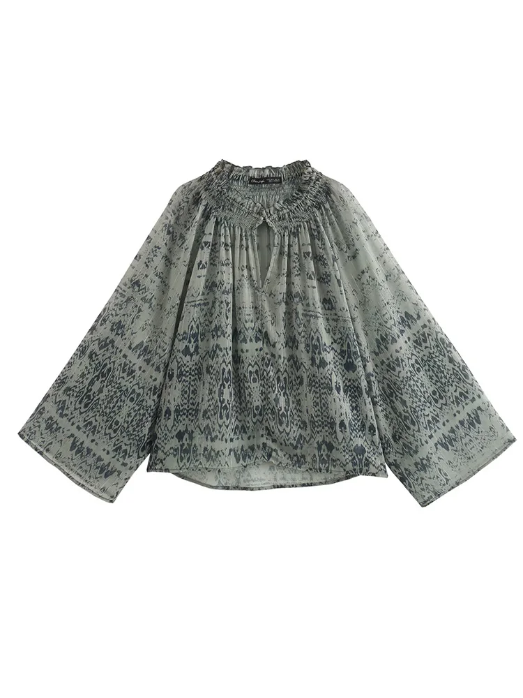 

2025 New Women's European and American Style Fashion Metallic Color Line Printing Loose Long Sleeve Shirt