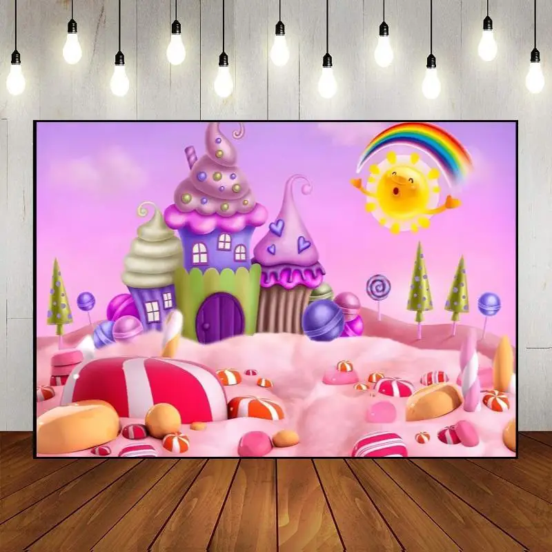 

Party Backdrop Wall Colorful Lollipops Decoration Candy Happy Birthday Cake Background Photography Baby Shower Banner Ice Cream