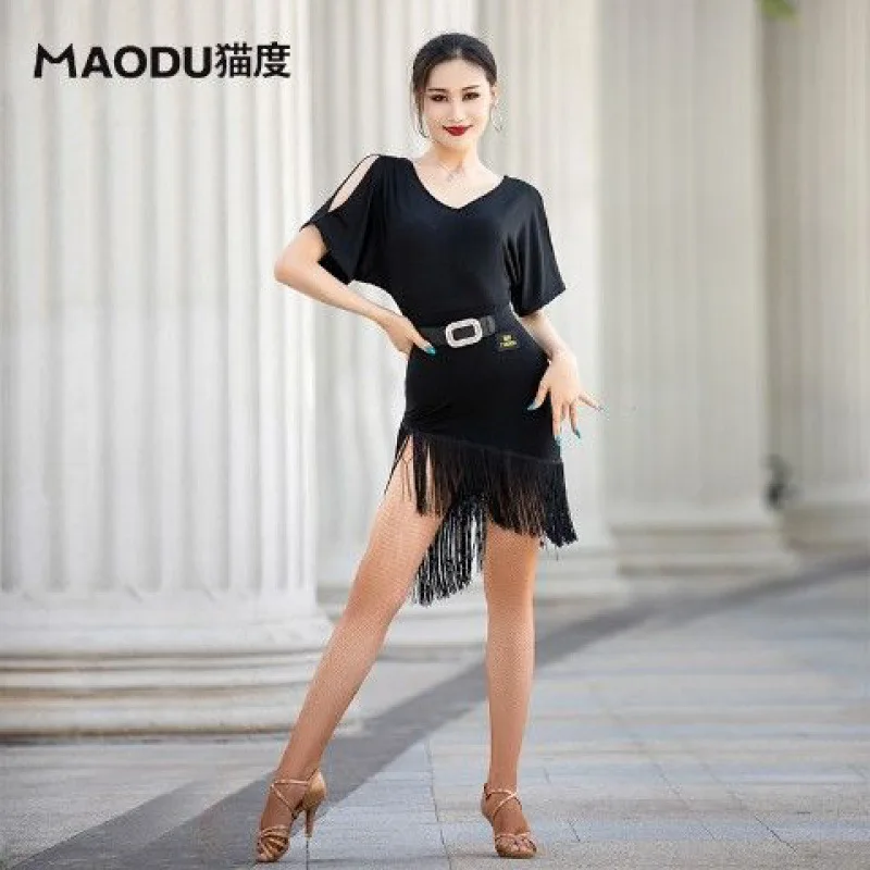 Latin Dance Dress Female Adult Ballroom Rumba Tassel Training Dancewear with Belt Sexy Backless Hollow Out Professional Costume