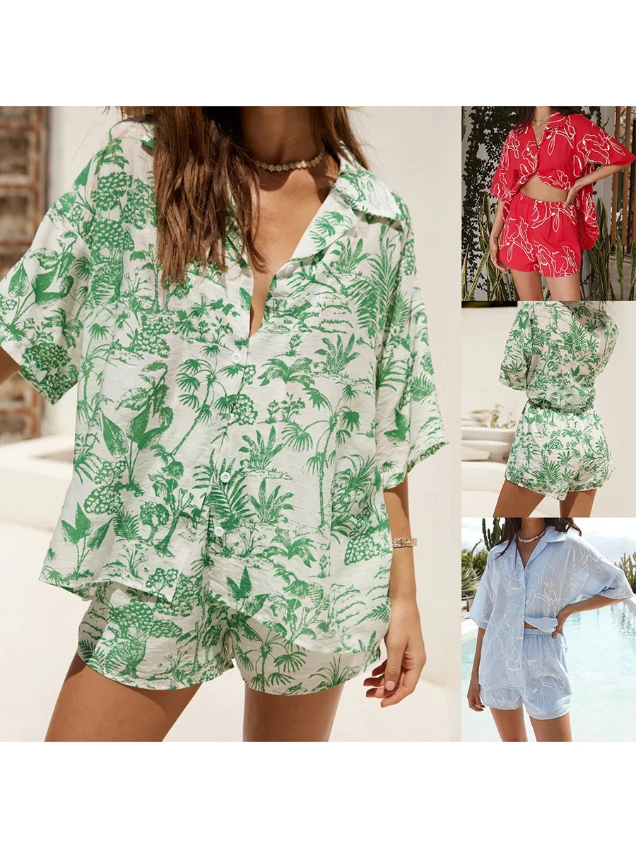 Women Pajamas Set 2 Pieces Loungewear Suits Tree Leaves Print Short Sleeve Loose Tops and Shorts Sleepwear Outfits