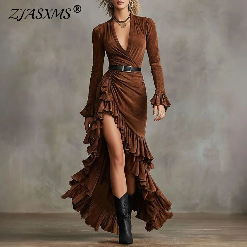 Robe longue vintage en velours uni pour femme, col en V profond, devant croisé, froncée, à volants superposés, fendue, manches cloche, asymétrique, pour soirée