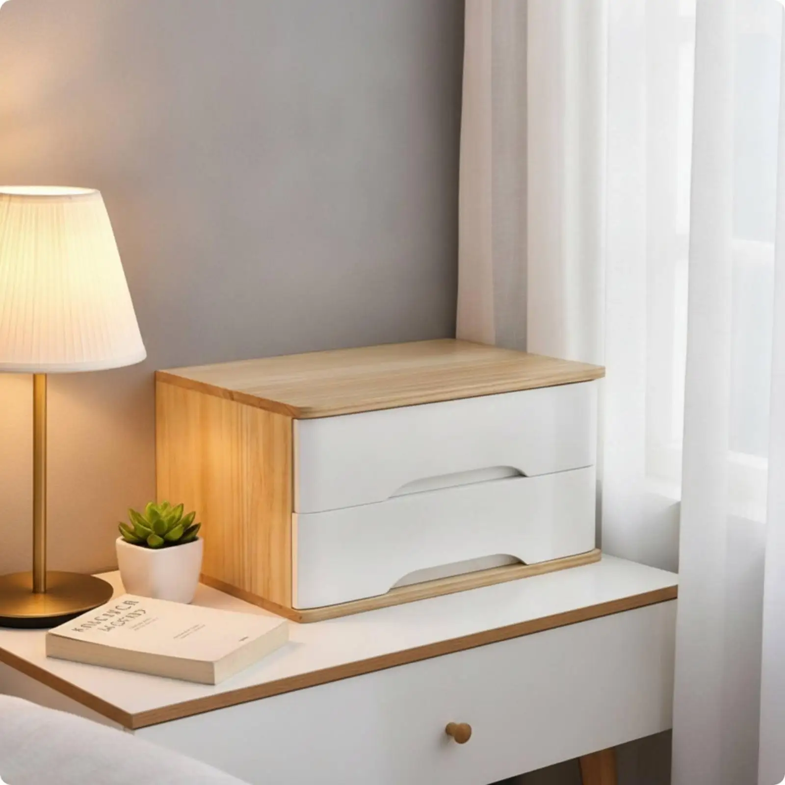 Wooden Desk Drawer Box Office Organizer Cabinet with Curved Pull Storage Drawers for Home Decluttering
