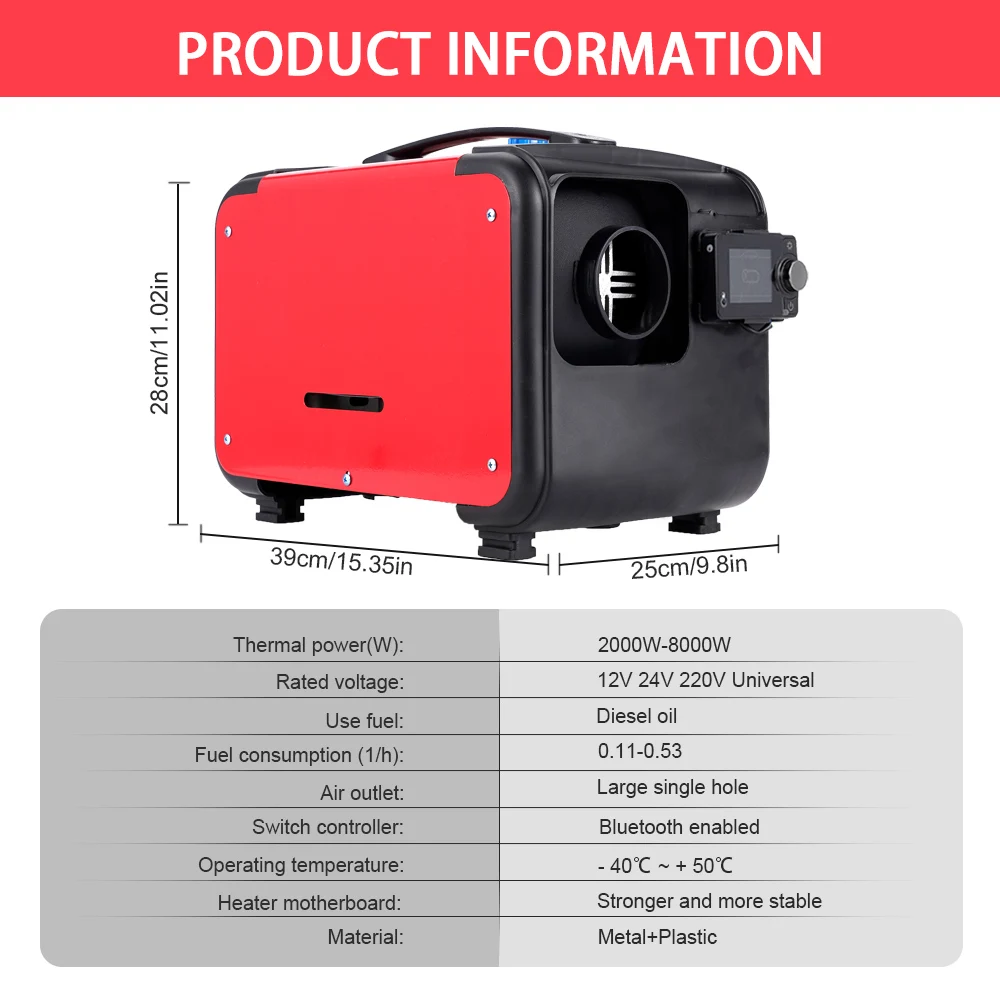 Parking Diesel Heater Plastic Shell 2 8KW 12V 24V 220V Bluetooth Control Single Outlet Portable Heater for Motorhome Truck