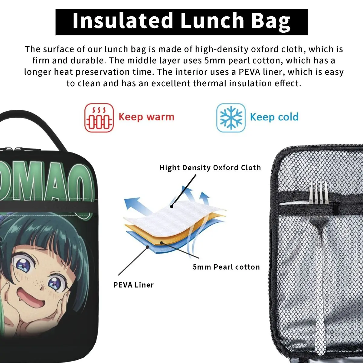 Maomao لطيف الأخضر شخصية الغداء حقيبة يوميات الصيدلية الشاطئ علب الاغذية للطفل حمل أكياس الغذاء حقيبة للحفاظ على البرودة مقاوم للماء #3