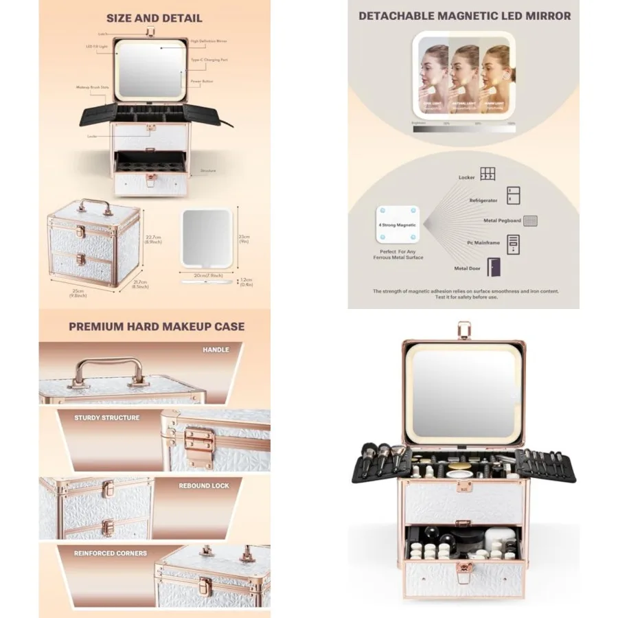 

Makeup Box with Drawer and A Detachable Lighted Mirror, Waterproof Travel Train Case, Cosmetic Organizer and Makeup Suitcase wi