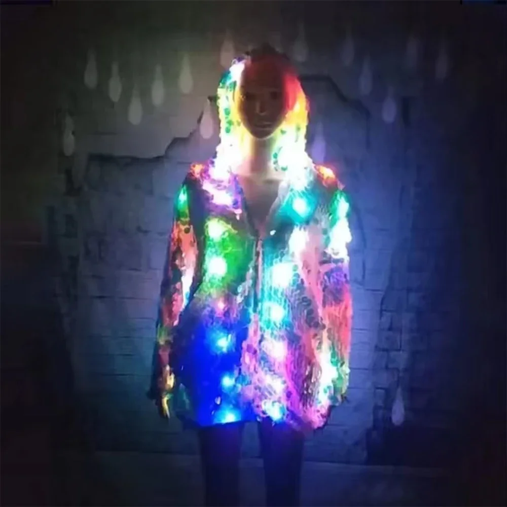LED Long Sleeve Flash Clothing Women Sequin Costume Personality Hooded Fashion Party Festival Performance Light Women Costume