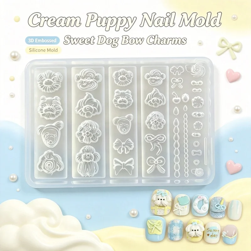 Cartoon Cream Puppy 3D Embossed Silicone Mold, Bow Cherry Pearl Chain For DIY Nail Charms