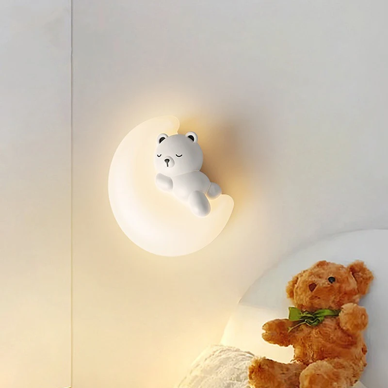 Imagem -02 - Moderno Minimalista Lâmpada de Parede Led Minimalista Estrela Lua Urso Coelhinho Luz para Quarto Cabeceira Sala de Estudo Estar Corredor Berçário Candeeiro Interior