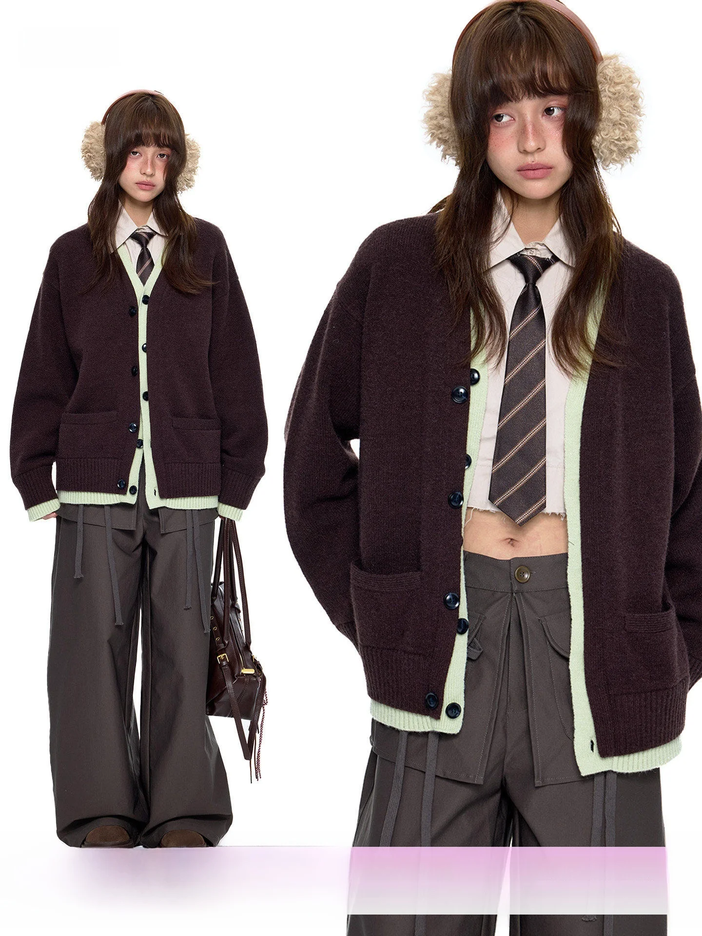 

Женский вязаный кардиган EZEK Casual в стиле колор-блок, осенняя новинка, свободный крой, V-образный вырез, длинный рукав, имитация двухслойности