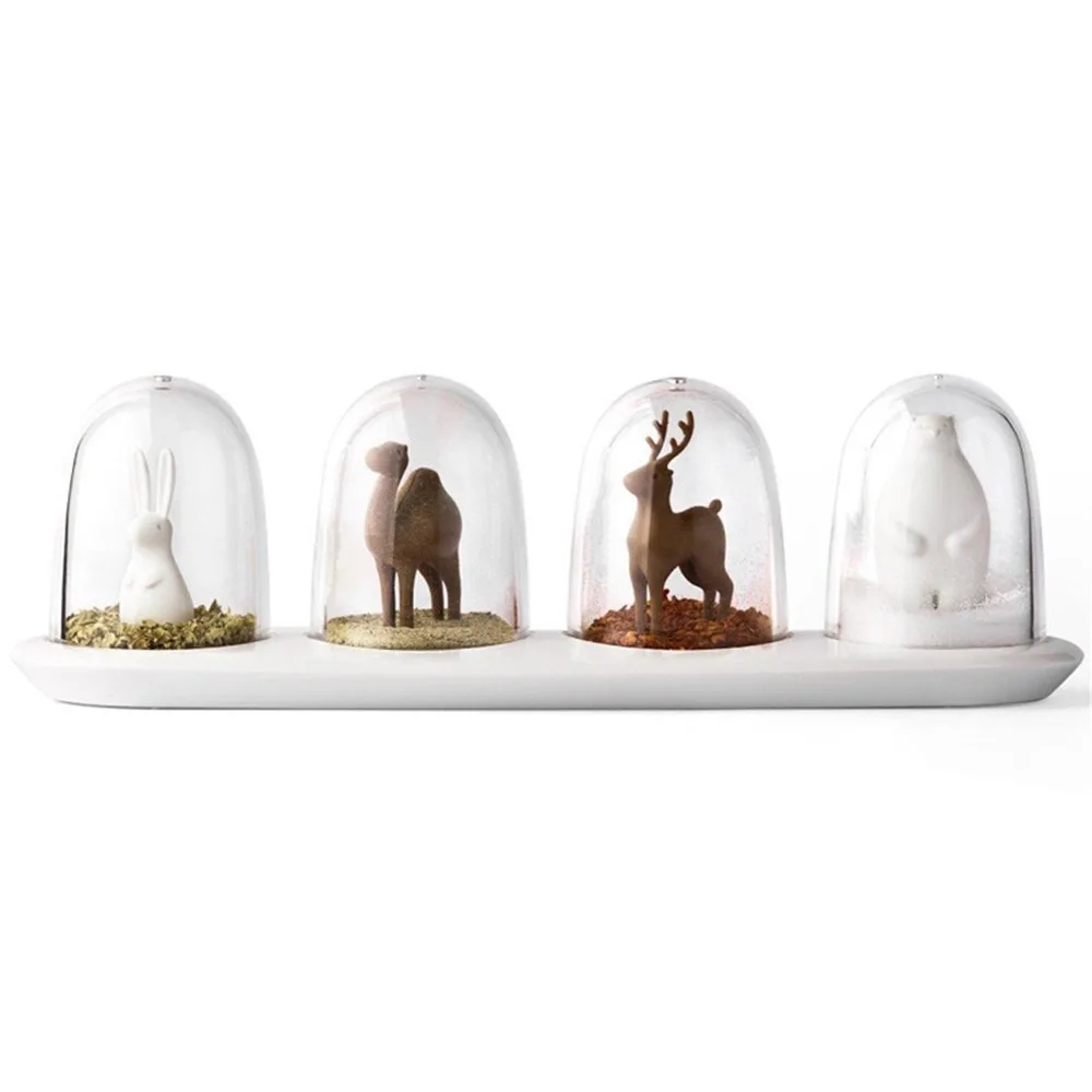 4PCS Clear Glass Salt Pepper Shaker Set Animal Design 4 In 1 Seasoning Storage Container 3.15x5inch Glass Display Dome