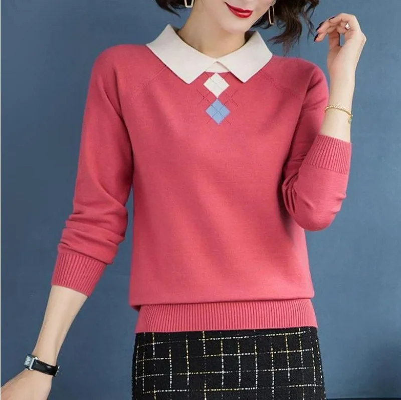 Women Clothing Korean Fashion Contrast Color Elegant Chic Knitted Sweater Autumn Polo Collar Long Sleeve All Match Pullover Tops