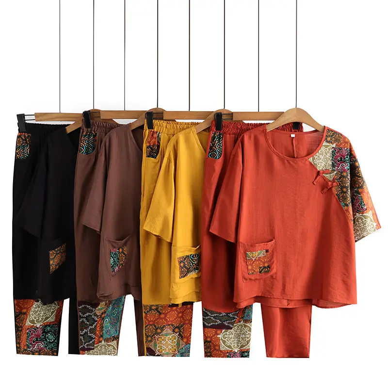 Ademende linnen zomerset voor dames Top en broek met korte mouwen Outfit Comfortabele katoenmix Loungekleding voor moeder oma