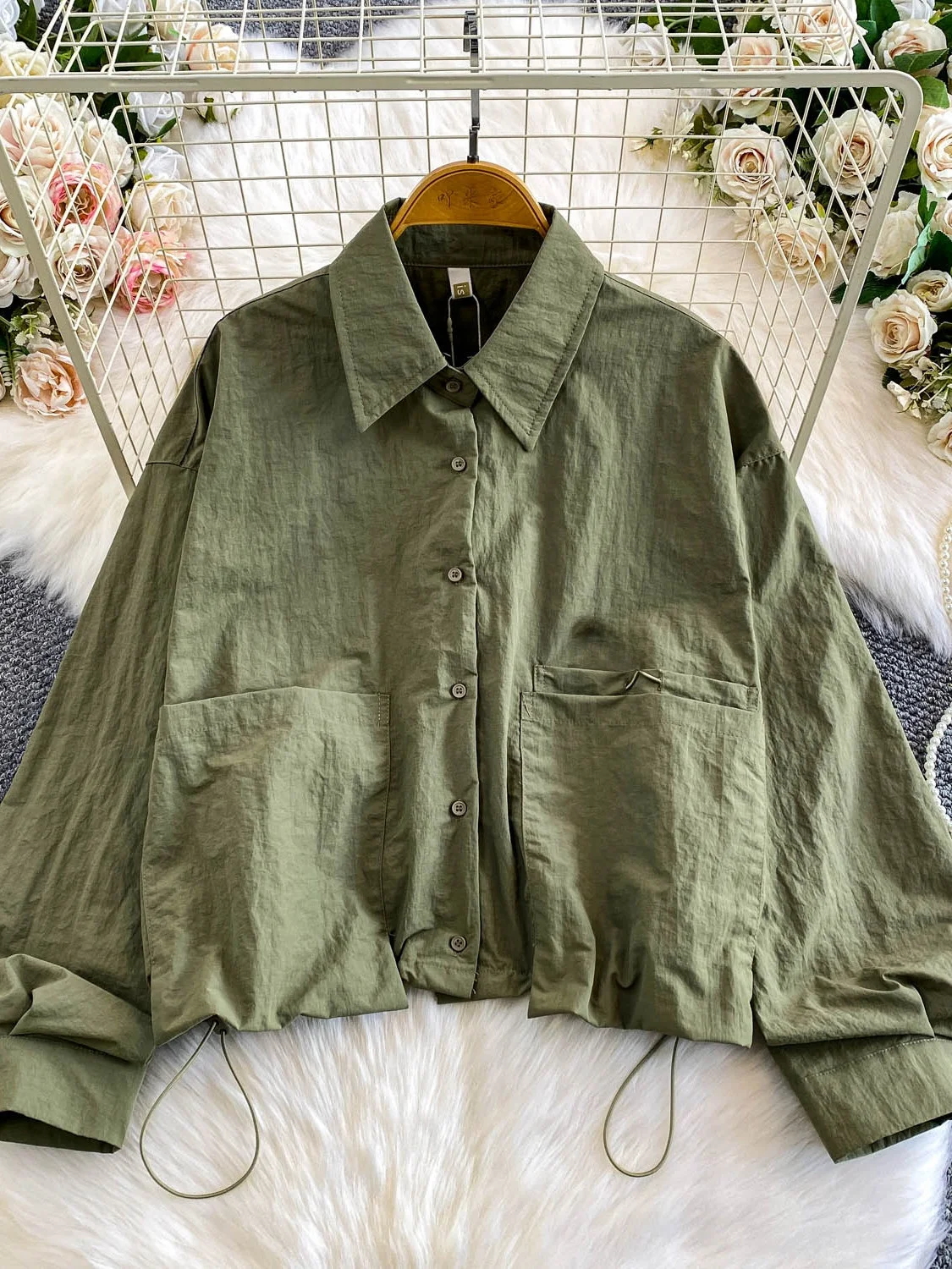 

Korean Hong Kong Sle Long Sve Sun Protection irt Women's Autumn Winter Loose Dstring Slimming Casual Top