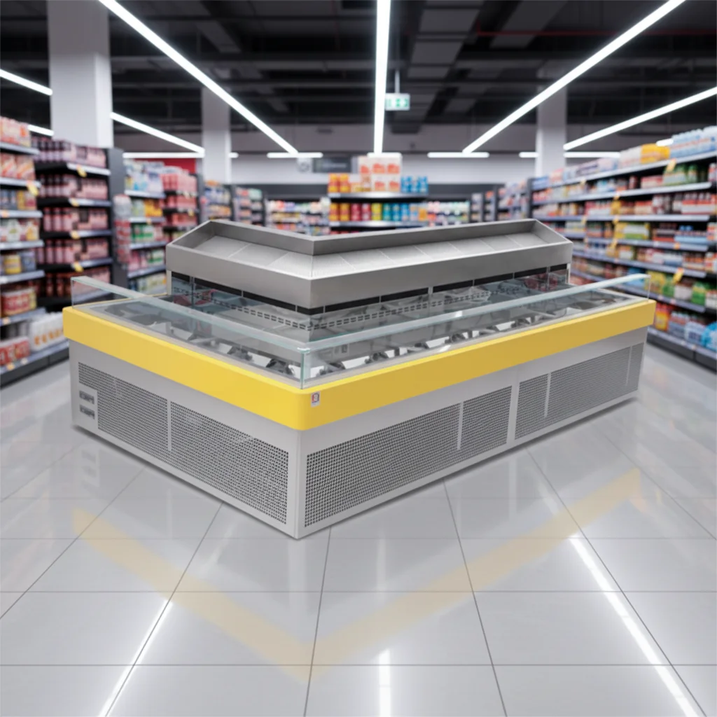 FL Island Style Refrigerated Cabinet Supermarket Open Top Chiller For Frozen Vegetable Packaged Food Retail Selling Solution