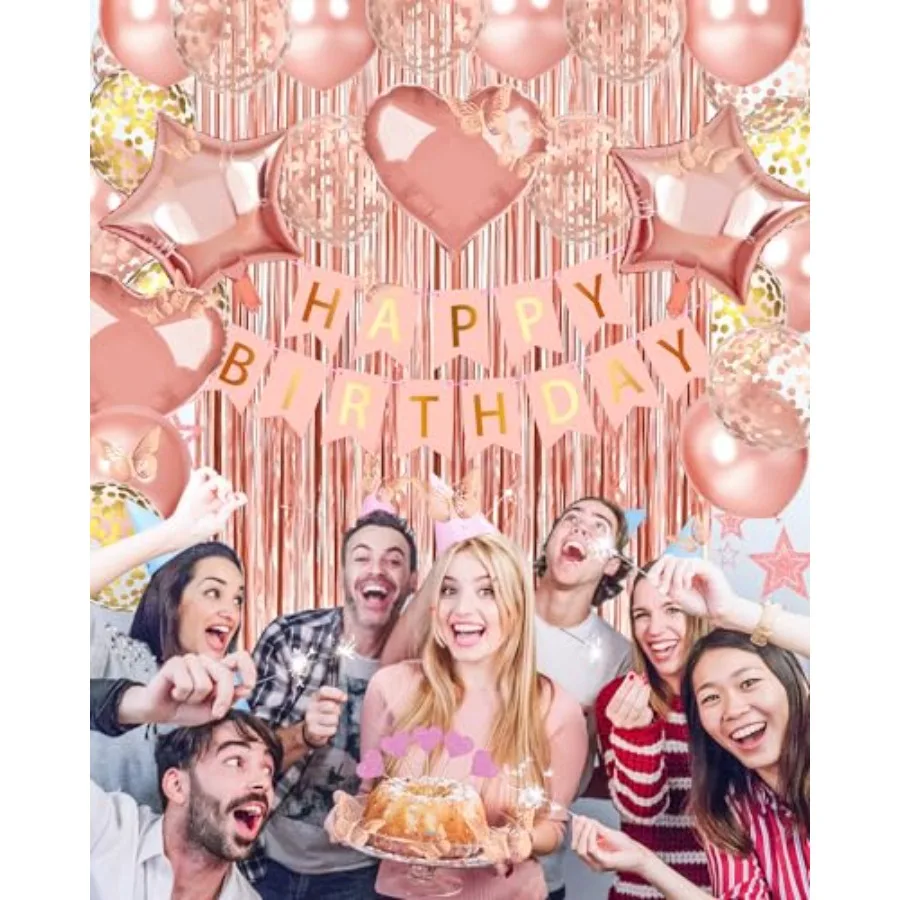 Happy Birthday Party Decorations, Happy Birthday Banner, Foil Heart Star Confetti Balloons Curtain Backdrop Hanging Swirls Part
