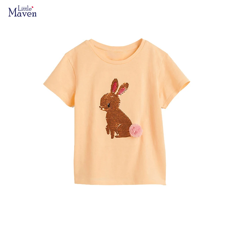 Little maven 2024 Girls T Shirts Cartoon Rabbit Sequin Children\'s Clothing t-shirts Summer Kids Tops Tees for Girls Clothes