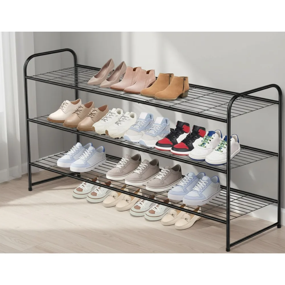 

Long 3 Tier Metal Shoe Rack Stackable Storage Organizer for Entryway Bedroom Holds 24 Pairs Black
