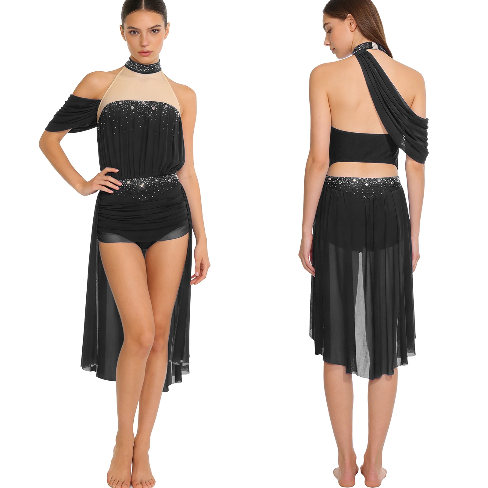 

Взрослое женское балетное лирическое современное танцевальное платье для латинского танго, танцевальная одежда для фигурного катания со стразами, сетчатое боди с лямкой на шее