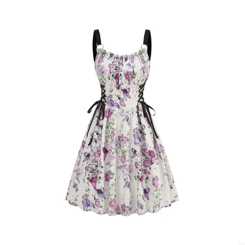 77 Hij verstelbare tailleband bloemjurk ademende mouwloze jurk bloemen print