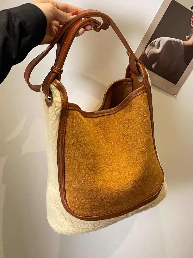 Fashion Lamb Wool Bucket Bag Women Autumn Winter New Large Capacity Versatile Comute Suede Patchwork One Shoulder Crossbody Bags